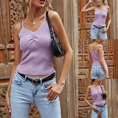 Womens Solid Color V-Neck Pleated Knit Suspender Vest Purple