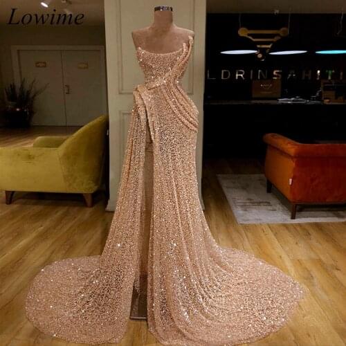 2019 Newest Arabic Mermaid Prom Dresses Long Strapless Sequin High Side Split Evening Red Carpet Prom Party Gowns Free Shipping