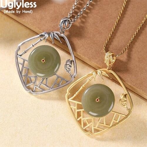 Uglyless Grilles Hollow Square Necklaces No Chains Big Size Gemstones Jade Pendants for Women 925 Silver Bamboo Jewelry Vintage