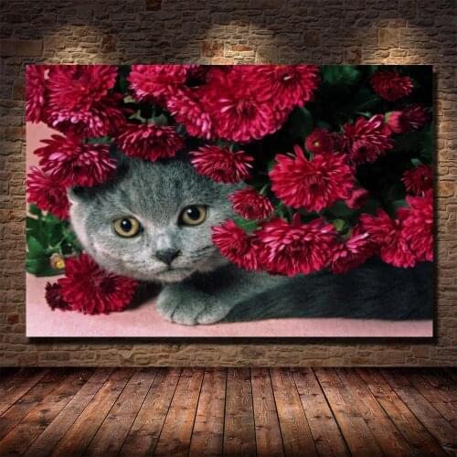 5d diy diamond painting cute cat with red flowers Full square cross stitch embroidery Hanging wall art sticker Home Decor Gift