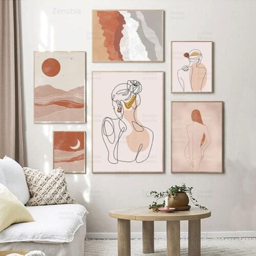 Abstract Boho Art Vintage Poster Moon Sun Sexy Woman Modern Print Minimal Landscape Wall Painting Picture Living Room Decoration
