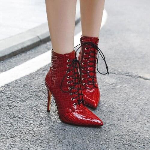 New ladies pointed sexy snake print patent leather high heel boots fashion trend lace up womens boots plus size short boots