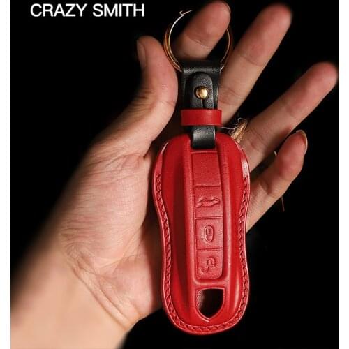 Crazy Smith Handmade Car Key Cover for Porsche Vegetable Tanned Leather Super Craftsmanship High Quality Gift Black Red Green