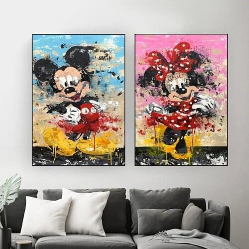 Disney Cartoon Graffiti Canvas Painting Mickey and Minnie Mouse Print and Posters Wall Art Pictures for Kids Room Decoration