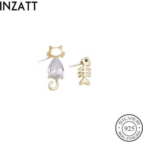 INZATT Real 925 Sterling Silver Asymmetry ZIRCON Cat Fish bone Stud Earrings For Fashion Women Fine Jewelry Accessories ins Hot