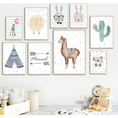 Kawaii Koala Sheep Rabbit Alpaca Cactus Wall Art Canvas Painting Nordic Posters And Prints Cartoon Wall Pictures Kids Room Decor