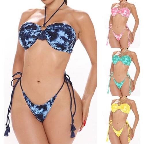 Sexy Tie Dyed Blue Bikini Set Two Piece Swimwear Women Bandage Bathing Suit Summer High Waist Swimsuit Beachwear