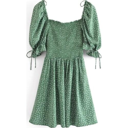 Summer Vintage Floral Printed Mini Dress Women Square Collar Butterfly Short Sleeve Sundress Female Casual A Line Dress