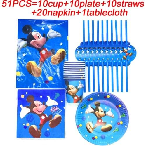 Mickey Mouse Baby Boy Birthday Party Supplies Set 51pc Mickey Mouse Disposable Cup Plate Straws Tableware Party Tablecloth Decor