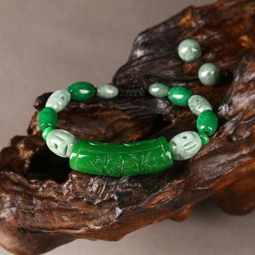 Natural Green Jade Carved Beads Jade Elastic Adjustable Bracelet Jewellery Hand-Carved Relax Healing Women Amulet Customized
