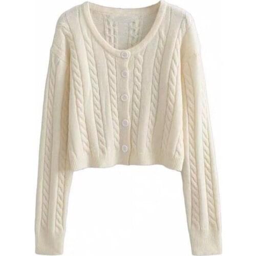 Spring And Autumn 2021 New O-Neck Twist Short Knitted Cardigan Top Womens Korean Style Solid Color Sweater Coat Casual Knitwear