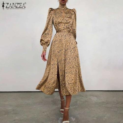 Bohemian Printed Dress ZANZEA 2021 Womens Turtleneck Sundress Puff Sleeve Midi Vestidos Female Hollow Party Robe Oversized 7