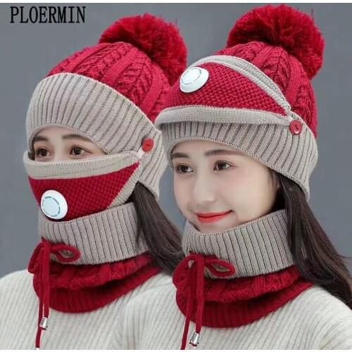 2019 New 3 Pieces Set Womens Knitted Hat Scarf Caps Neck Warmer Winter Hat For Ladies Girls Skullies Beanies Warm Fleece Caps
