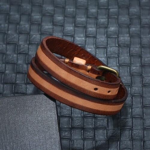 Vintage Double Layers Genuine Leather Bracelets for Men Punk Metal Buckle Charms Wrap Bracelets&Bangles Women Jewelry