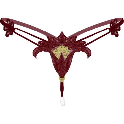 Womens Low Waist T-back Briefs Flower Embroidered Artificial Pearl Massage Thong Lingerie Underwear Elastic Waistband Panties