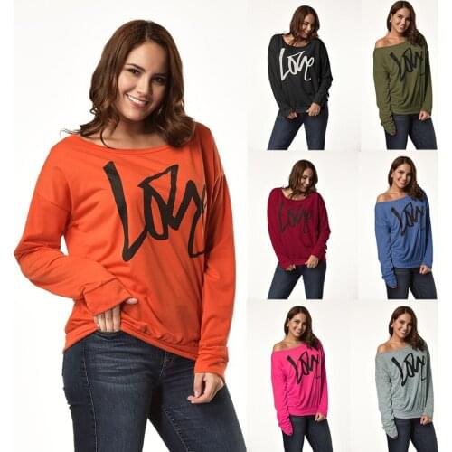 Autumn Winter Women Love Letter Print Long Sleeve Pullover Hot Pink Orange Sweatshirts Green Ladies Sexy Loose Tops Casual