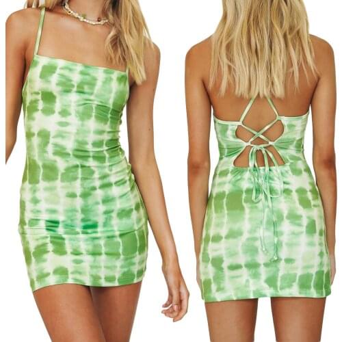 Women Sexy Green Tie-Dye Print Slip Dress 2021 Fashion Sleeveless Backless Bandage Slim Fit Mini Dress Holiday Casual Sundress