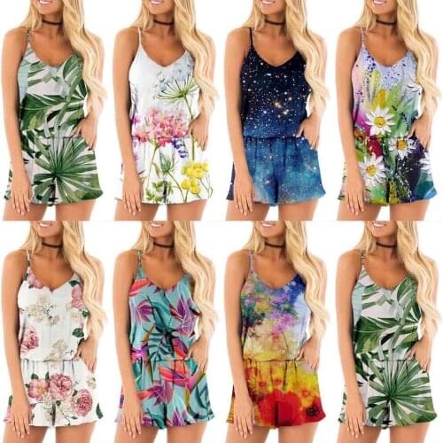 Sexy Women Printed Pattern Overalls V-neck Sleeveless Off-the-shoulder S/ M/ L/ XL/ XXL 2021 New Fashion