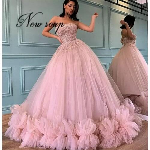 Dubai Pink Evening Dresses Robe De Soiree Ruffles Evening Gowns 2021 Saudi Arabia Formal Party Dress Abiye Prom Dress Applique