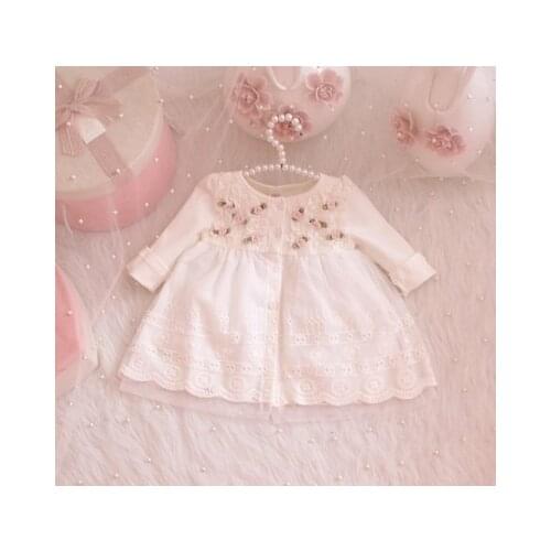 2020Toddler Baby Girls Dress Long Sleeve Flower Pink Gray White Dresses Autumn Round Neck Lace Princess Party Prom Tulle Dresses