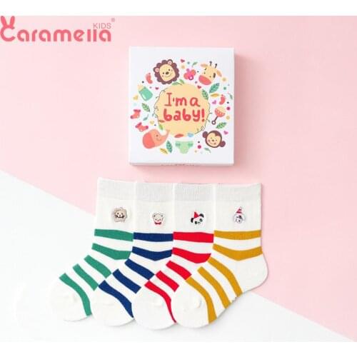 Caramella 4Pairs Autumn Winter Stripe Cotton Kids Socks Animal Bear Colorful Baby Girl Boy Gender-neutral Hosiery Gift Box Set