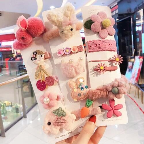 5/10Pcs/Set New Girls Cute Cartoon Fruit Flower Hair Clips Children Baby Knitting Plush Soft Hairpins Kids Hair Accessories