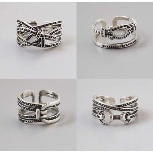 ANENJERY 925 Sterling Silver Vintage Rings For Women Men Punk Thai Silver Horseshoe Bowknot Index Rings Adjustable S-R389