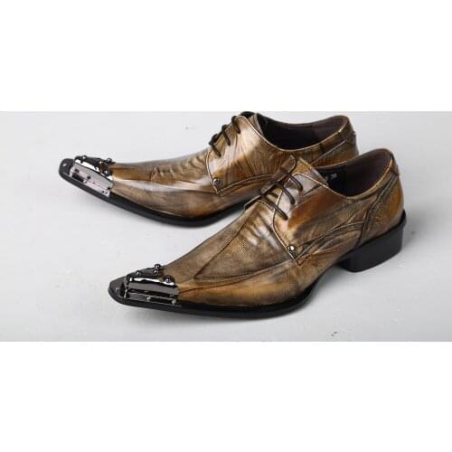 Christia Bella British Style Man Metal Pointed Toe Plus Size Oxfords Shoes Party Prom Genuine Leather Male Fashion Brogue Shoes