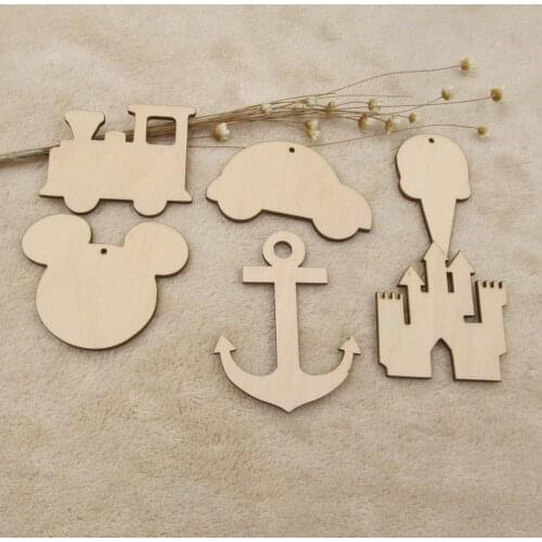3mm thick Unfinished Blank Wood DIY Crafts Car Anchor Ice Cream Tower Wooden Shap Cutout For Kids Home Bed Mobile Wall Hanging