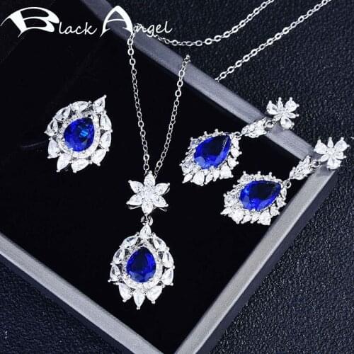 BLACK ANGEL 925 Silver Jewelry Set Inlaid Blue Gemstone CZ Pendant Necklace For Women Ring Water Drop Earrings Wedding Gifts