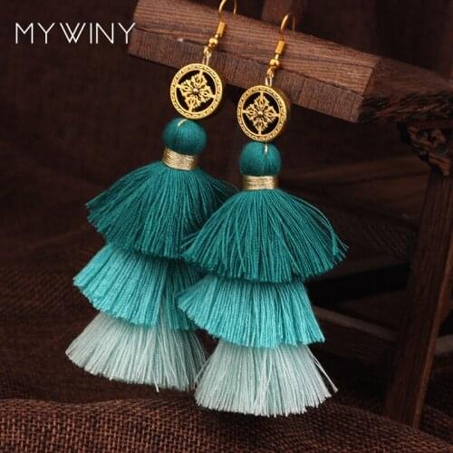 Fashion bohemian dangle earrings for women , vintage jewelry cotton tassel earrings,gradient colors ethnic earrings