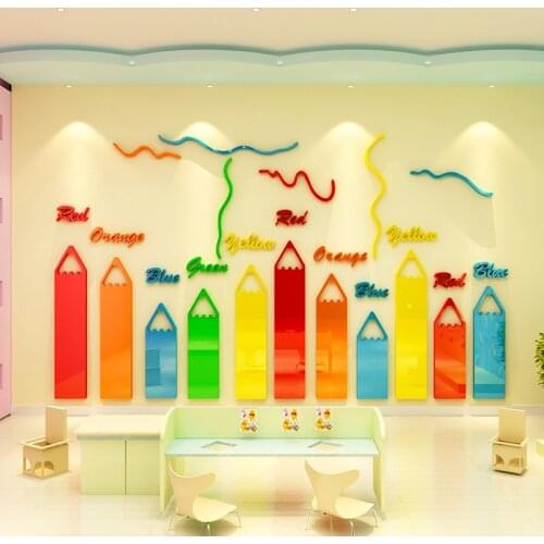 Cartoon Color Crayon Wall Stickers Kindergarten Classroom Layout Decoration 3D Acrylic Decals Wallpaper For Kids Room Art Poster