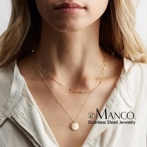 E-Manco Gold Color Stainless Steel Necklace women Coin Pendant Choker Necklace for women Charm Necklace