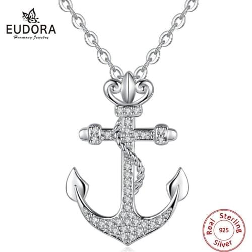 Eudora New sterling Silver Anchor and hemp rope Pendant Necklace with AAA Cubic Zirconia 925 Silver Jewelry for Women men D057
