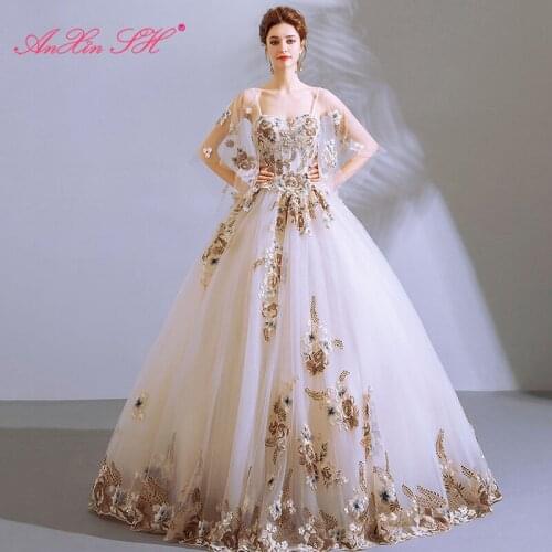 AXJFU luxury princess embroidery golden peony flower white lace wedding dress vintage sweetheart illusion wedding dress 7981