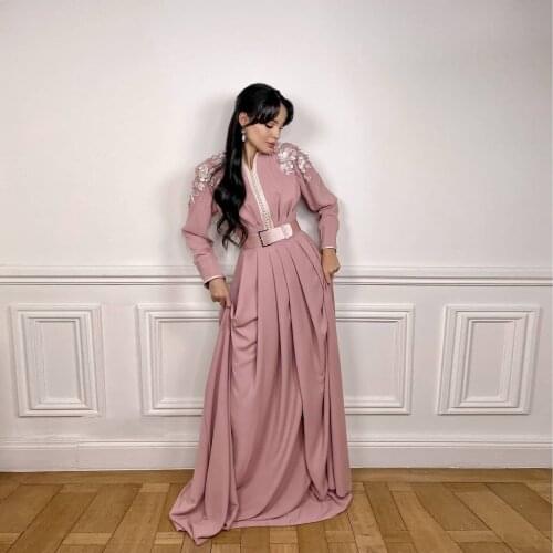 Pink Floor Sleeves Moroccan Caftan Evening Dress A-line Saudi Arabia Caftan Plus Size Custom Made Prom Gown Vestidos De Gala