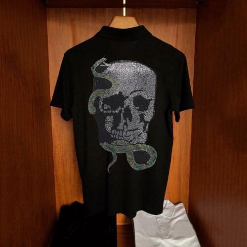 Loose And Breathable Hip-Hop Trend Summer Black Polo Shirt Korean Version Skull Hot Drill Brand Mens Short Sleeve