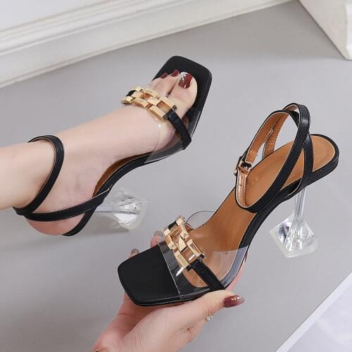 Sexy Party Women Sandals Ladies Thin Clear High Heels Sandals Open Toe Jelly Shoes PVC Transparent Metal Decoration Sandal 2021