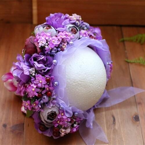 Newborn Bonnet Photography Props Purple Ruffle Baby Girls Flower Bonnet Newborn Lace Cap Colorful Rose Floral Hat Sittter Props