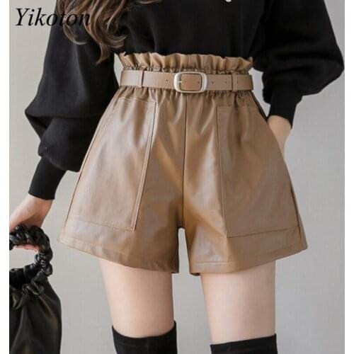 2021 Wide Leg Short Black PU Leather Shorts Fashion Womens Shorts Autumn Sashes Pocket Elastic Waist Sexy Khaki Shorts Winter