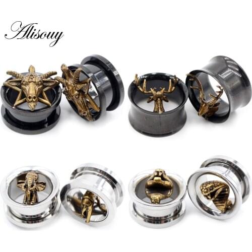 Alisouy 2pcs Stainless Steel Animal Design Star Elephant Snake Ear Tunnels Plugs Screw Ear Expander Gauges Body Piercing Jewelry