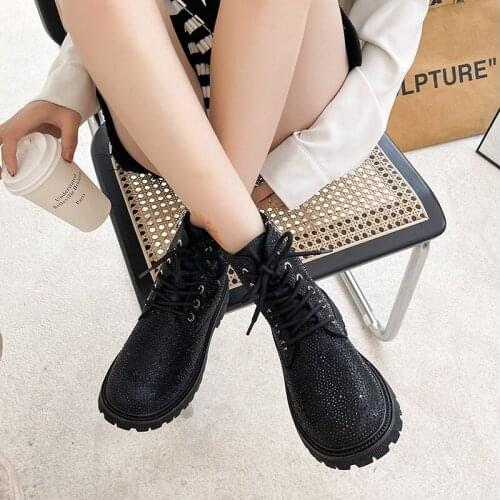 2021 New Women Ankle Boots Fashion Punk Gothic Style Lace up Platform Boots Bling Rhinestone Women Campus Sweet Student