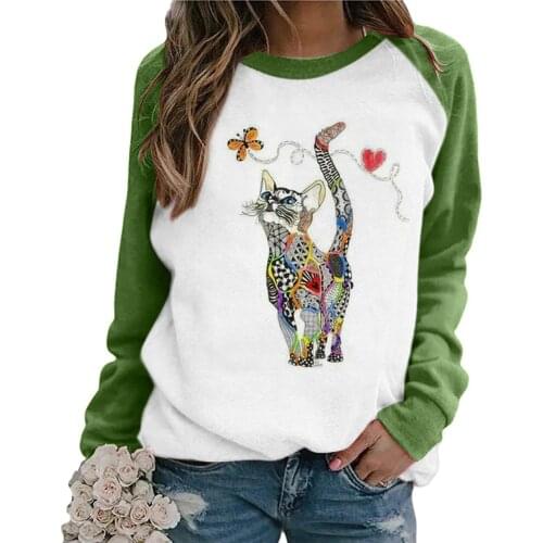 Harajuku Shirts Women Casual Cartoon Cat Printing Raglan Long Sleeve Shirts Tops Spring Daily Elegant T-Shirt футболки оверсайс