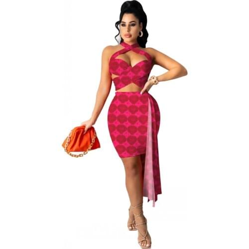 Womens Sexy Set Fashion Love Print Bandage Slim Bodycon Package Hip Mini Skirt Matching Set Club Night Birthday Outfit Clubwear