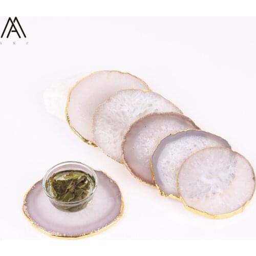 3PCS Approx 60-80mm Plated Gold Edges Natural Clear White Agates Round Shape Coaster Drink Coaster Agates Cups Mat CX-08AMAF