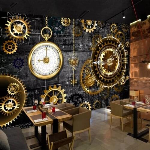 3D Stereo European American Industrial Wind Gold Gear Clock Mural Wallpaper Living Room Hotel Background Wall Cloth Decoration