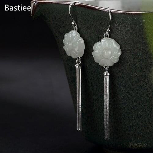 Bastiee Magnolia Flower Jewelry For Women Silver 925 Jewelry Inlaid Jade Jewelry Dangle Earrings Korean Earrings Long Earrings
