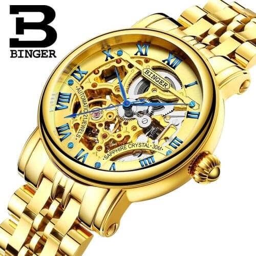 Switzerland Brand BINGER Womens Fashion Casual Double Skeleton Mechanical Wristwatches Sapphire Crystal Stainless Steel Clock