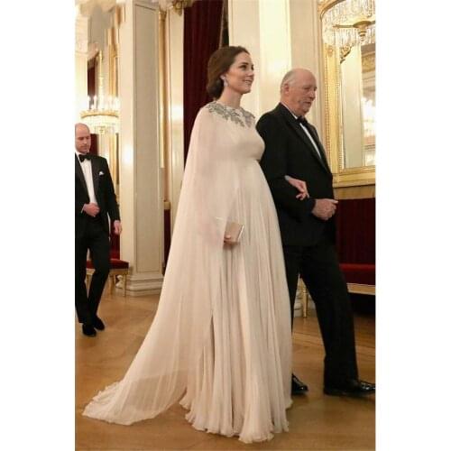 Fashion Muslim Prom Dress Long Elegant Evening Chiffon Party Pregnant Dubai Dress Floor Length Dress Jewel Neck Crystal Beaded