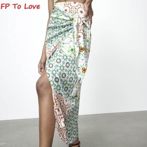 FP To Love Za New Arrivals Woman Knot Print Sarong Skirt Vintage 2021 Summer Geometric Splicing Bohemia Bottoms